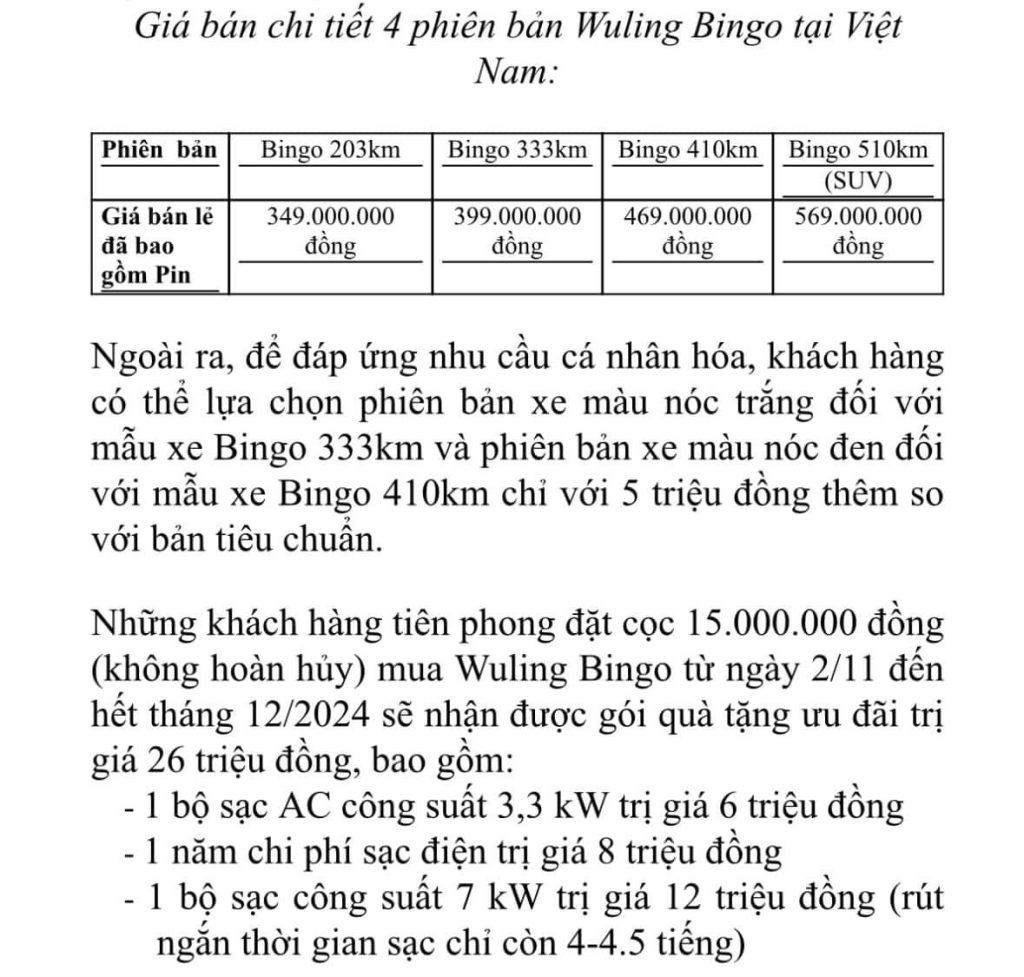 giá bán wuling bingo - evcarvietnam.vn